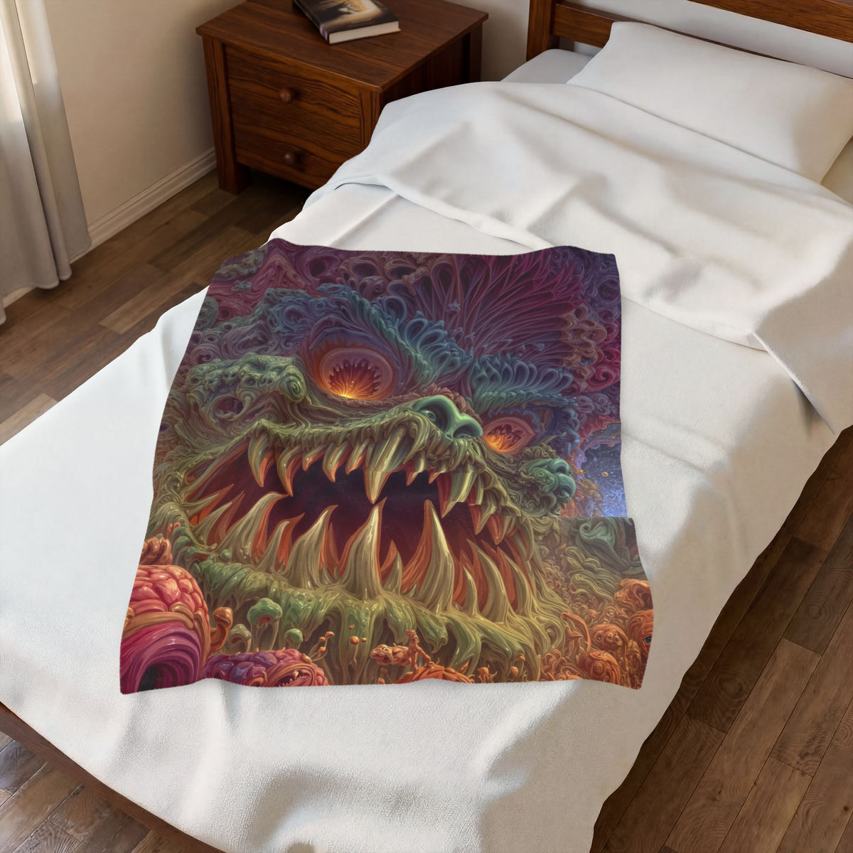 Where Fear Becomes a Passage — Velveteen Plush Blanket, 30 × 40 in — fanged creature with glowing eyes amid sage and mauve organic forms
