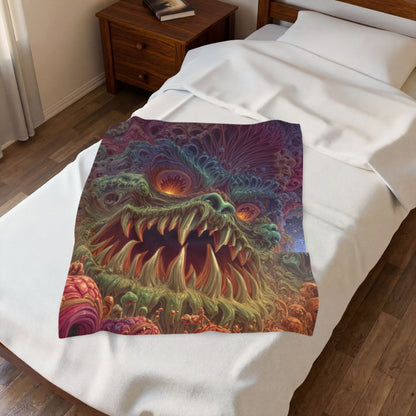 Where Fear Becomes a Passage — Velveteen Plush Blanket, 30 × 40 in — fanged creature with glowing eyes amid sage and mauve organic forms