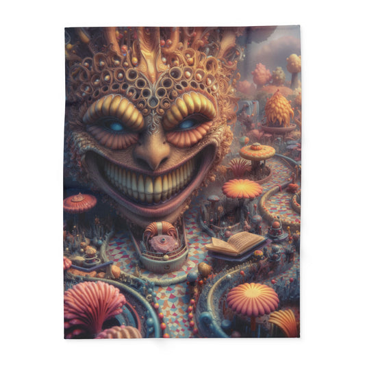 The Invitation Beneath the Grin — Arctic Fleece Blanket, 60 × 80 in — ornate grinning face above winding mosaic paths and coral garden forms