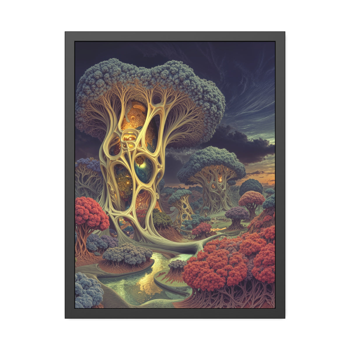 The Quiet Architecture of Becoming — Framed Fine Art Print, 24 × 32 in — luminous lattice trees and coral groves beside a winding river