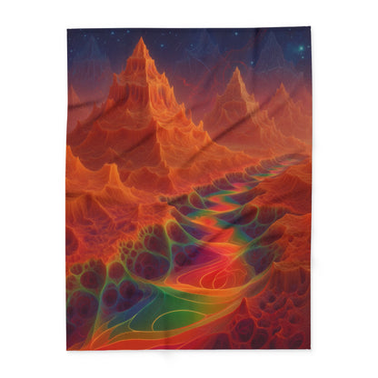 The Current Remembers arctic fleece blanket, 60 × 80 in with a luminous winding current and orange mountains beneath a starry sky