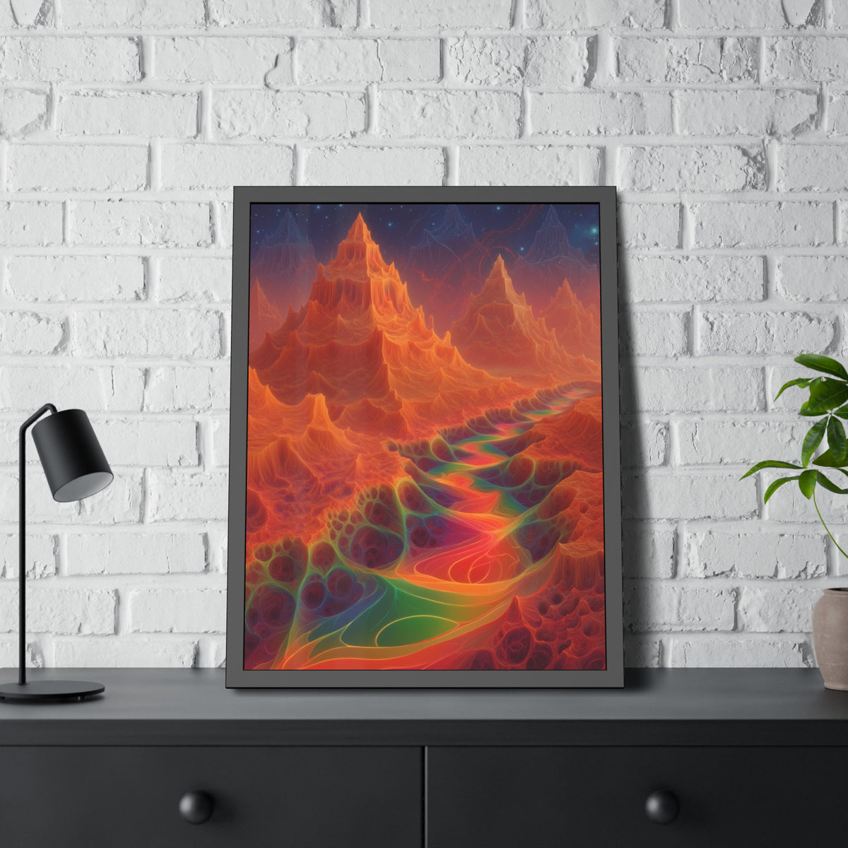 The Current Remembers framed fine art print, 24 × 32 in with a luminous winding current and orange mountains beneath a starry sky