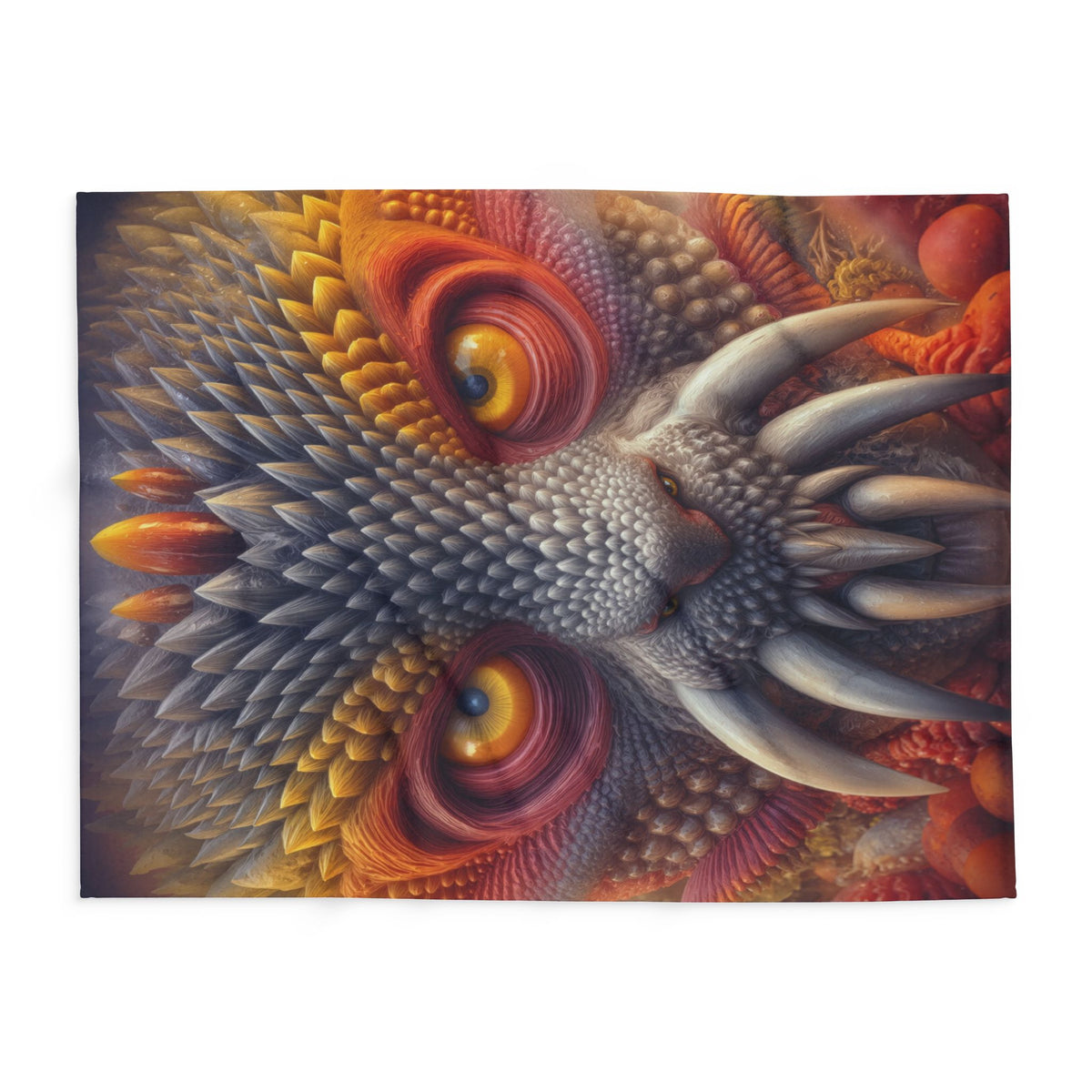The Wisdom Beneath the Armor — Arctic Fleece Blanket, 60 × 80 in — golden-eyed creature with layered gray spines and ivory tusks