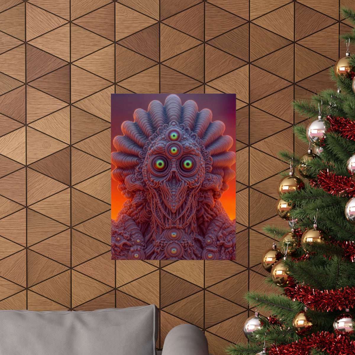 Where Every Gaze Becomes a Center — Matte Art Poster, 18 × 24 in — many-eyed figure with a rippling crown against an orange sky