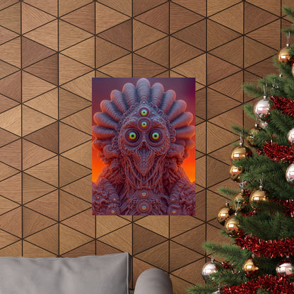 Where Every Gaze Becomes a Center — Matte Art Poster, 18 × 24 in — many-eyed figure with a rippling crown against an orange sky