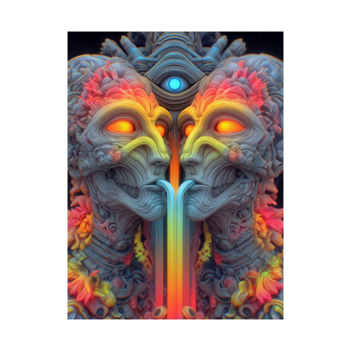 Where the Mirror Becomes a River — Matte Art Poster, 18 × 24 in — mirrored faces with glowing eyes and a shared stream of color