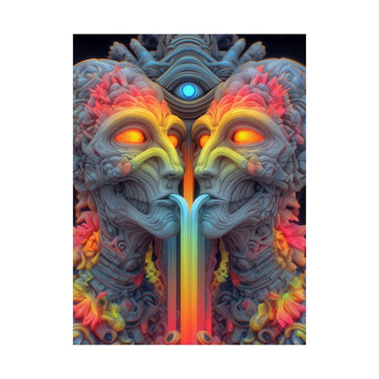Where the Mirror Becomes a River — Matte Art Poster, 18 × 24 in — mirrored faces with glowing eyes and a shared stream of color