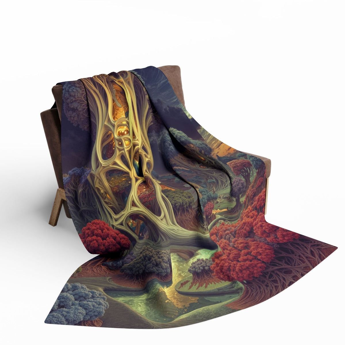 The Quiet Architecture of Becoming — Arctic Fleece Blanket, 60 × 80 in — luminous lattice trees and a winding river