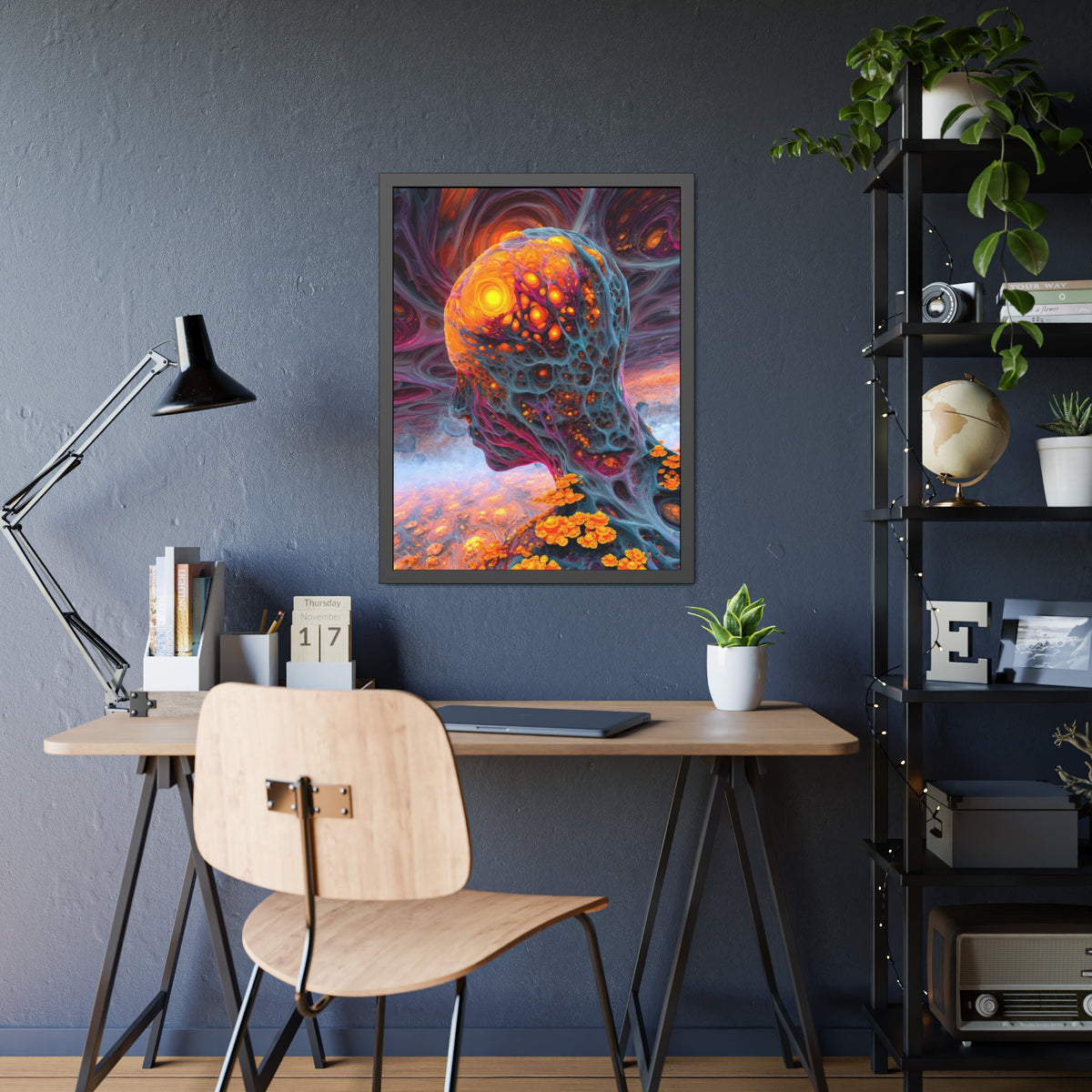 The Mind Becomes a Sun framed fine art print, 24 × 32 in with a glowing golden head amid flowing blue and violet forms