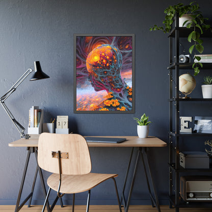 The Mind Becomes a Sun framed fine art print, 24 × 32 in with a glowing golden head amid flowing blue and violet forms