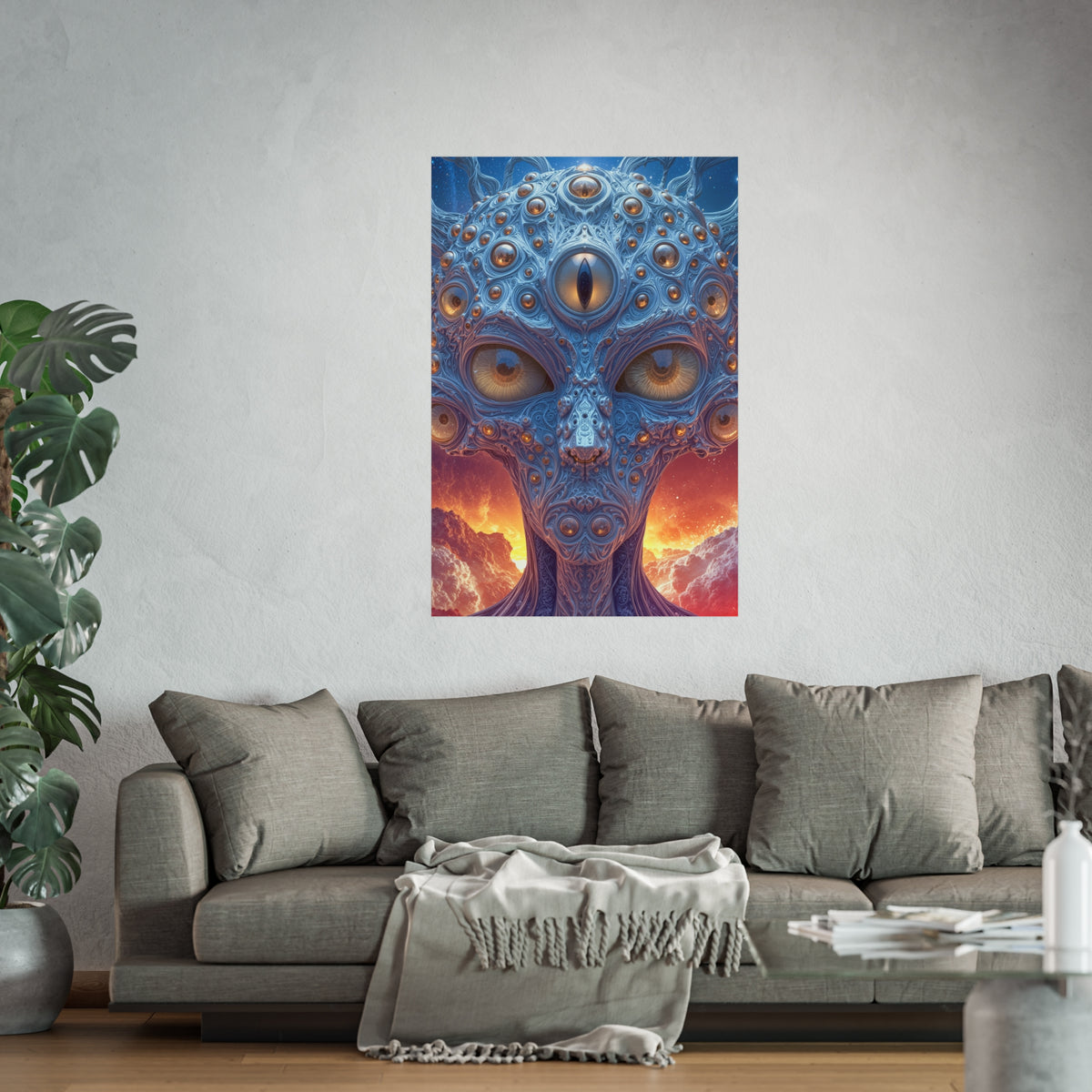 The Horizon Within the Gaze — Large Matte Poster, 32 × 48 in — intricate blue figure with amber eyes above luminous clouds