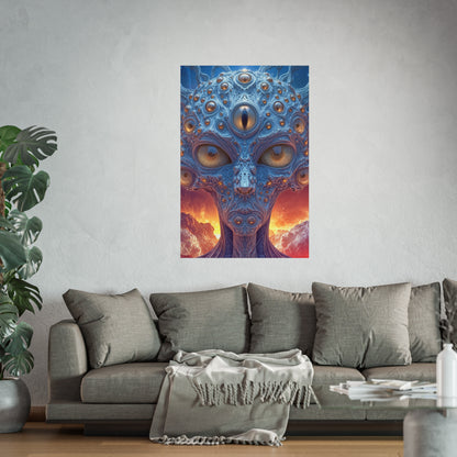 The Horizon Within the Gaze — Large Matte Poster, 32 × 48 in — intricate blue figure with amber eyes above luminous clouds