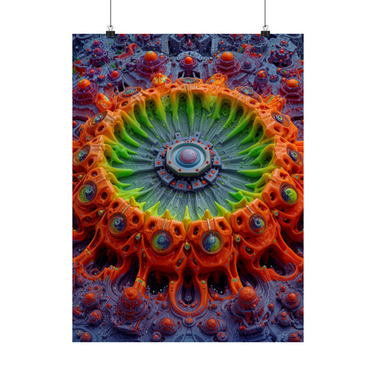 The Center Is a Choreography — Matte Art Poster, 18 × 24 in — orange and lime radial machinery with a violet core