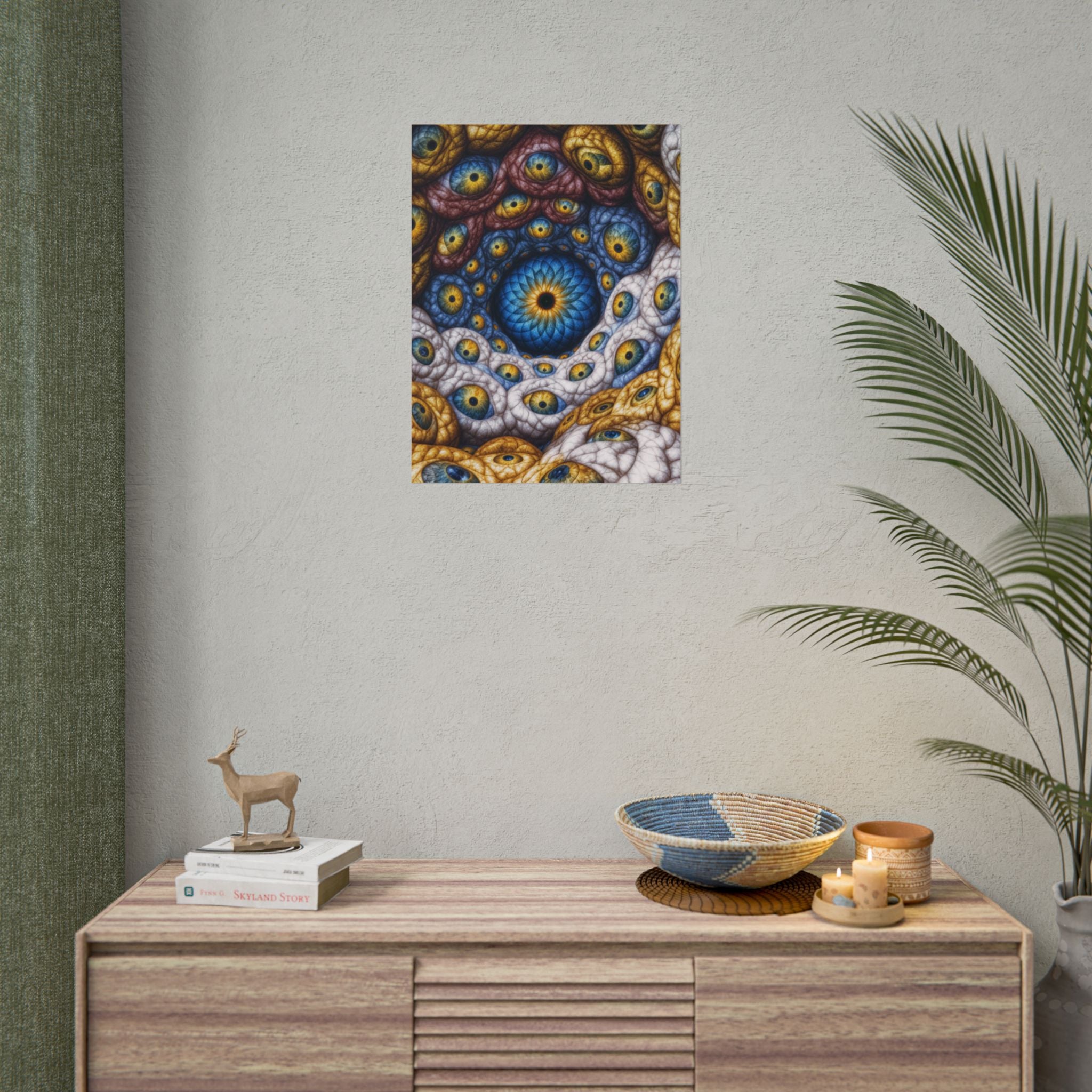 The Many Eyes of One Awareness — Rolled Art Print, 18 × 24 in — interwoven blue and gold eyes in ivory, ochre and mauve forms