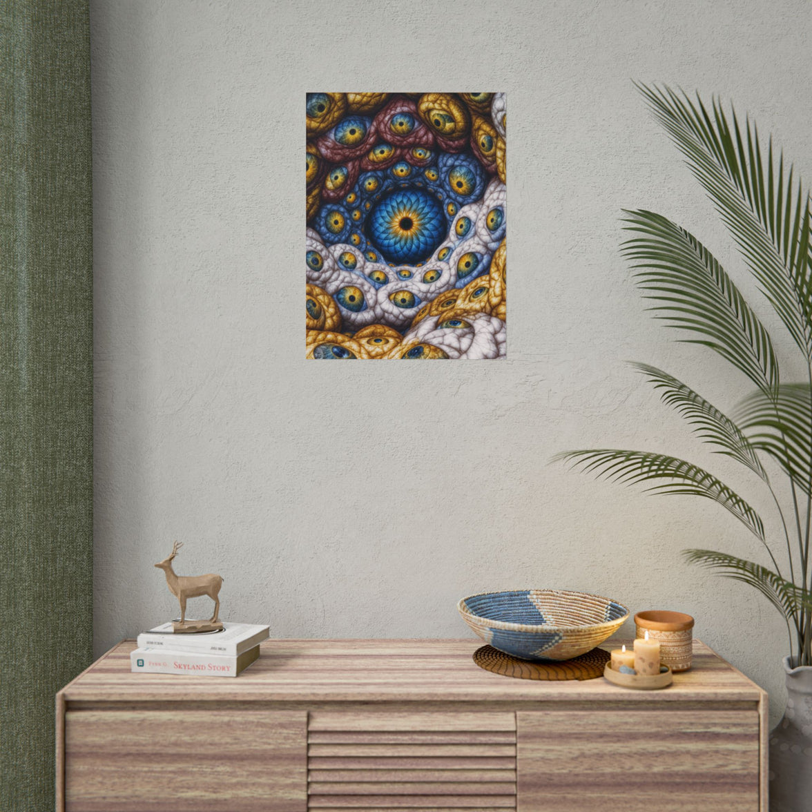 The Many Eyes of One Awareness — Rolled Art Print, 18 × 24 in — interwoven blue and gold eyes in ivory, ochre and mauve forms