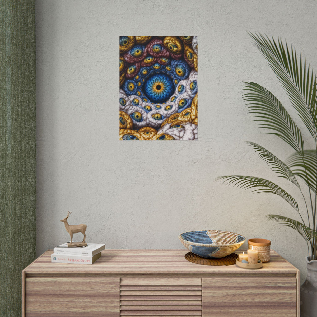 The Many Eyes of One Awareness — Rolled Art Print, 18 × 24 in — interwoven blue and gold eyes in ivory, ochre and mauve forms