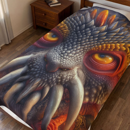 The Wisdom Beneath the Armor — Velveteen Plush Blanket, 60 × 80 in — golden-eyed creature with layered gray spines and ivory tusks
