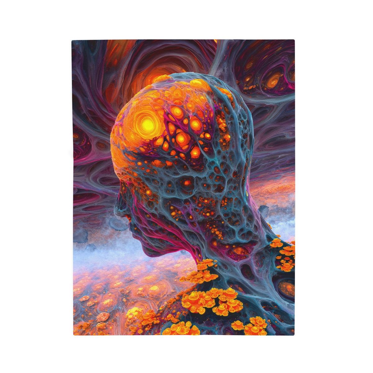 The Mind Becomes a Sun velveteen plush blanket, 30 × 40 in with a glowing golden head amid flowing blue and violet forms