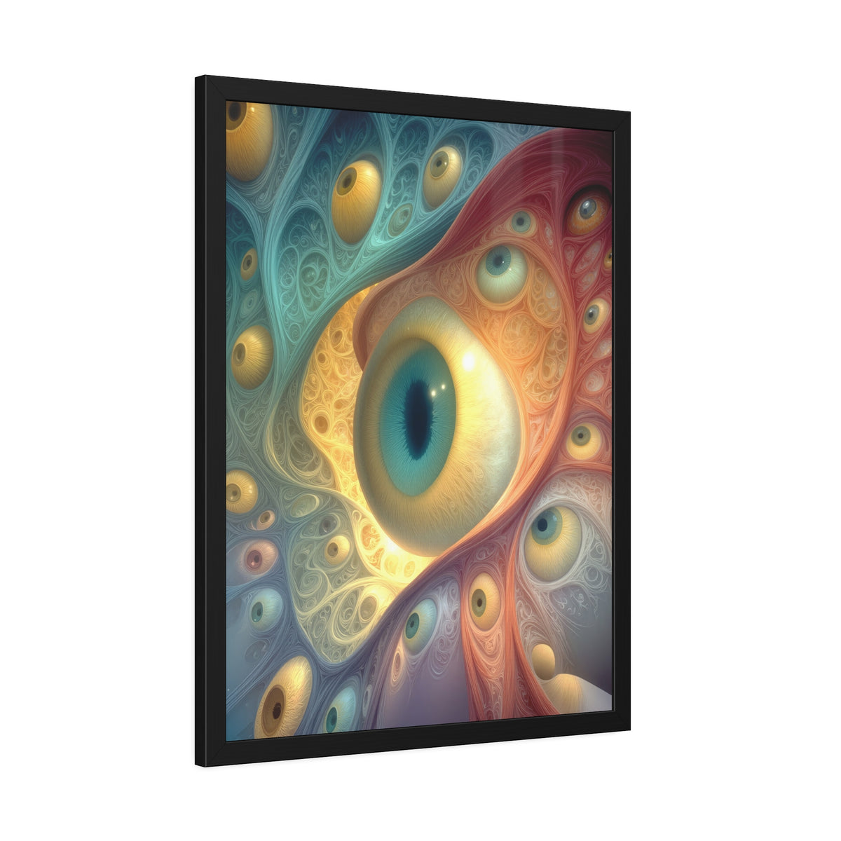 A Chorus of Seeing 24 × 32 inch fine art print in a black pinewood frame, featuring golden and teal psychedelic eyes