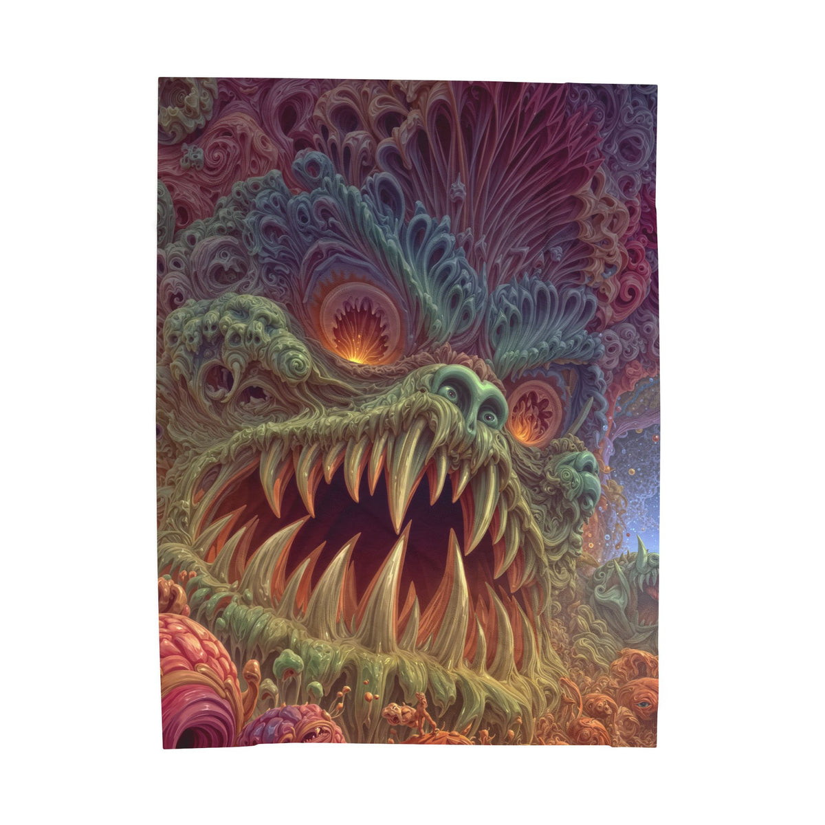 Where Fear Becomes a Passage — Velveteen Plush Blanket, 60 × 80 in — fanged creature with glowing eyes amid sage and mauve organic forms