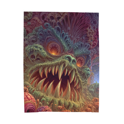 Where Fear Becomes a Passage — Velveteen Plush Blanket, 60 × 80 in — fanged creature with glowing eyes amid sage and mauve organic forms