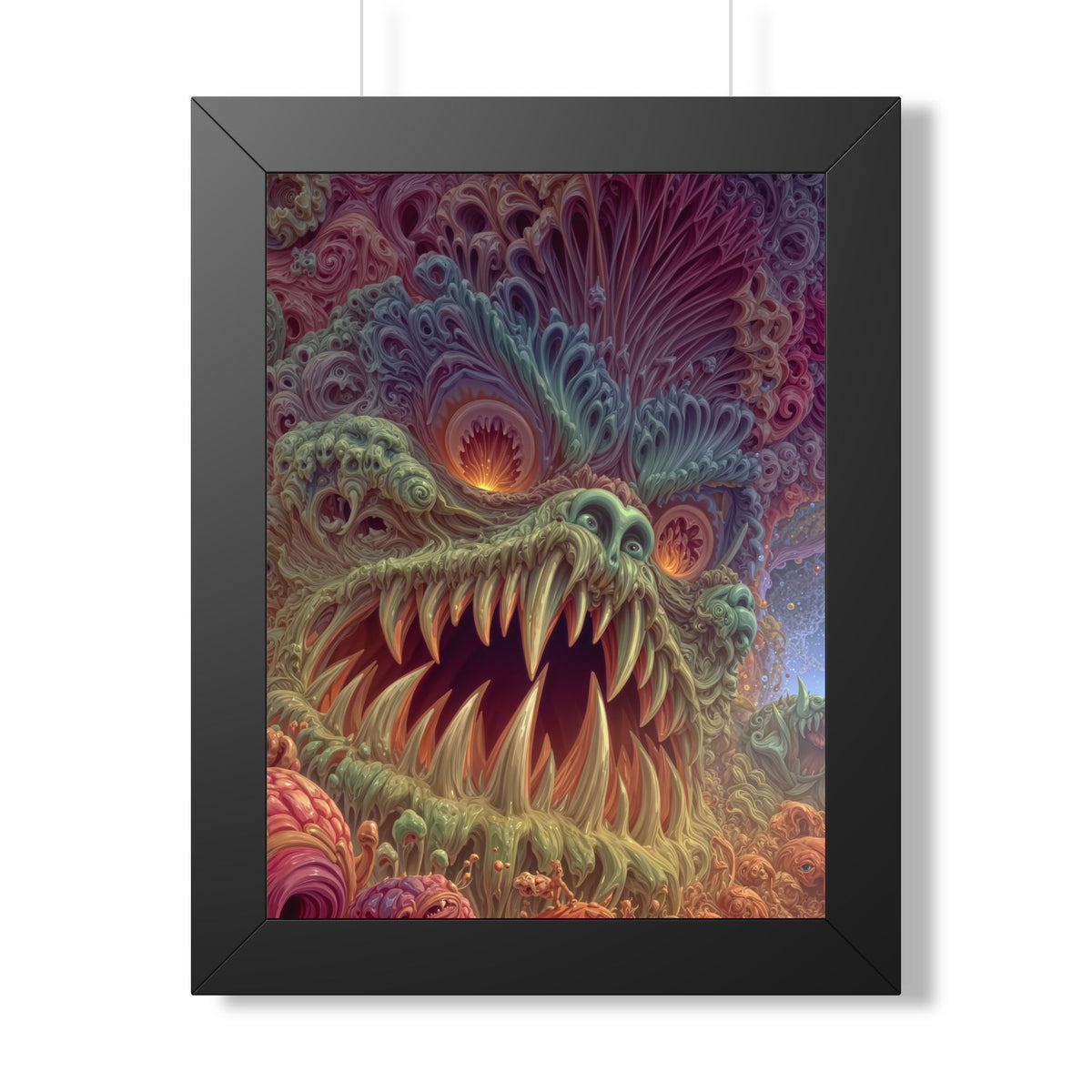 Where Fear Becomes a Passage — Black Framed Print, 12 × 16 in — fanged creature with glowing eyes amid sage and mauve organic forms