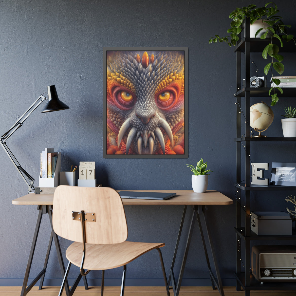 The Wisdom Beneath the Armor — Framed Fine Art Print, 24 × 32 in — golden-eyed creature with layered gray spines and ivory tusks