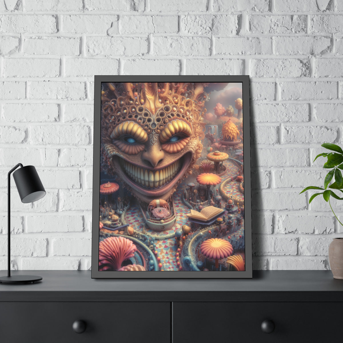 The Invitation Beneath the Grin — Framed Fine Art Print, 24 × 32 in — ornate grinning face above winding mosaic paths and coral garden forms