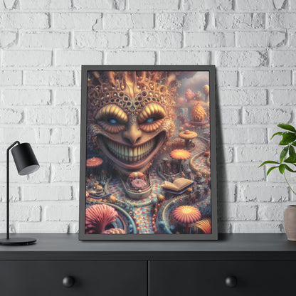 The Invitation Beneath the Grin — Framed Fine Art Print, 24 × 32 in — ornate grinning face above winding mosaic paths and coral garden forms