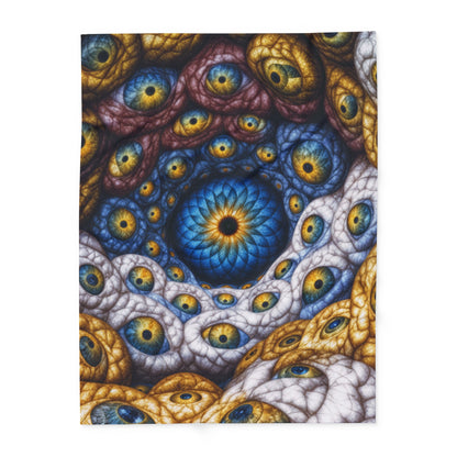 The Many Eyes of One Awareness — Arctic Fleece Blanket, 60 × 80 in — interwoven blue and gold eyes in ivory, ochre and mauve forms