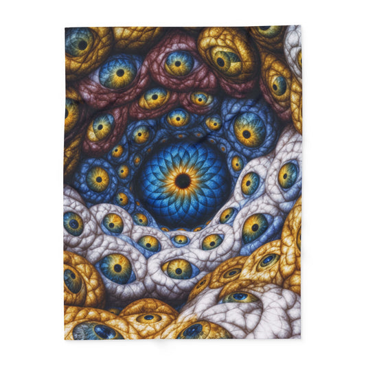 The Many Eyes of One Awareness — Arctic Fleece Blanket, 60 × 80 in — interwoven blue and gold eyes in ivory, ochre and mauve forms