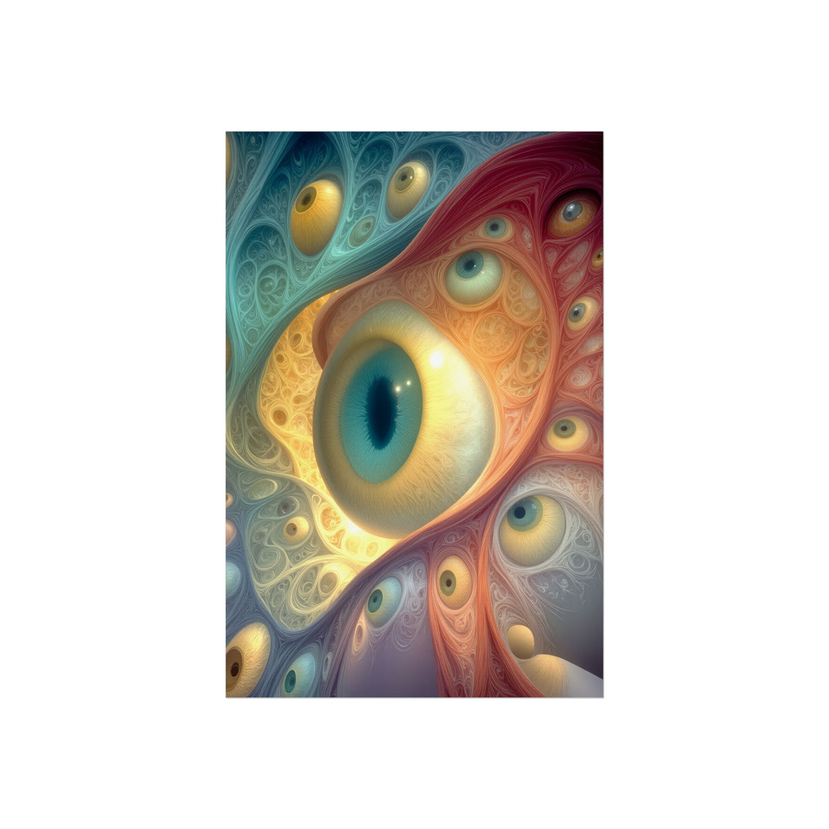 A Chorus of Seeing 32 × 48 inch large matte poster with luminous eyes and flowing blue, red and gold forms