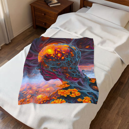 The Mind Becomes a Sun velveteen plush blanket, 30 × 40 in with a glowing golden head amid flowing blue and violet forms