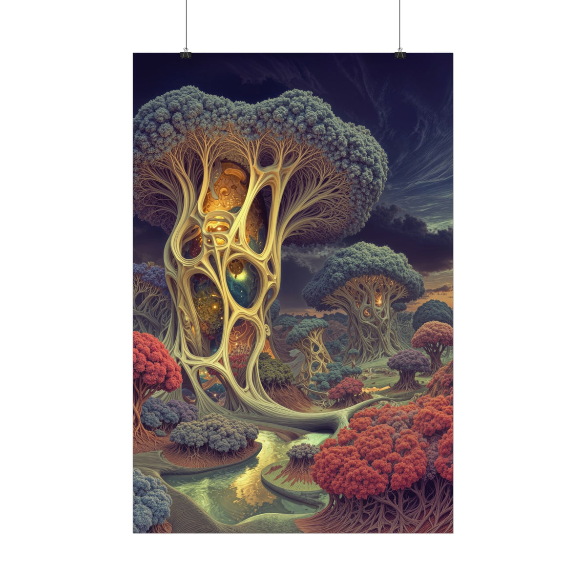 The Quiet Architecture of Becoming — Satin Art Poster, 24 × 36 in — luminous lattice trees and coral groves beside a winding river
