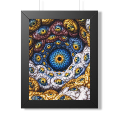The Many Eyes of One Awareness — Black Framed Print, 12 × 16 in — interwoven blue and gold eyes in ivory, ochre and mauve forms