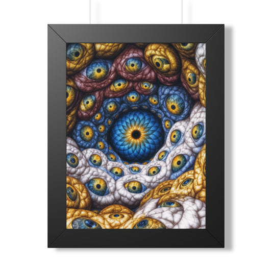 The Many Eyes of One Awareness — Black Framed Print, 12 × 16 in — interwoven blue and gold eyes in ivory, ochre and mauve forms
