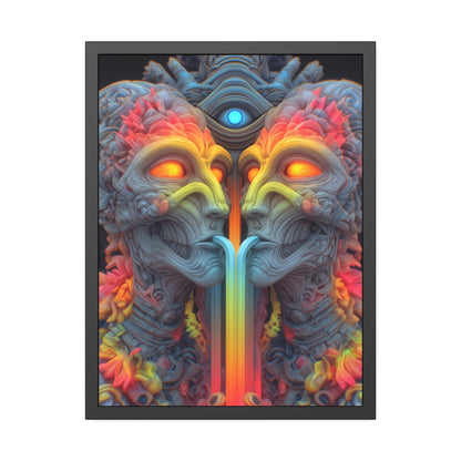 Where the Mirror Becomes a River — Framed Fine Art Print, 24 × 32 in — mirrored faces with glowing eyes and a shared stream of color