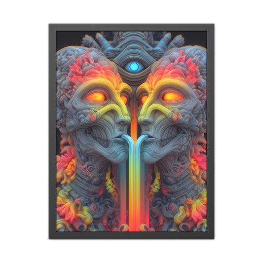 Where the Mirror Becomes a River — Framed Fine Art Print, 24 × 32 in — mirrored faces with glowing eyes and a shared stream of color