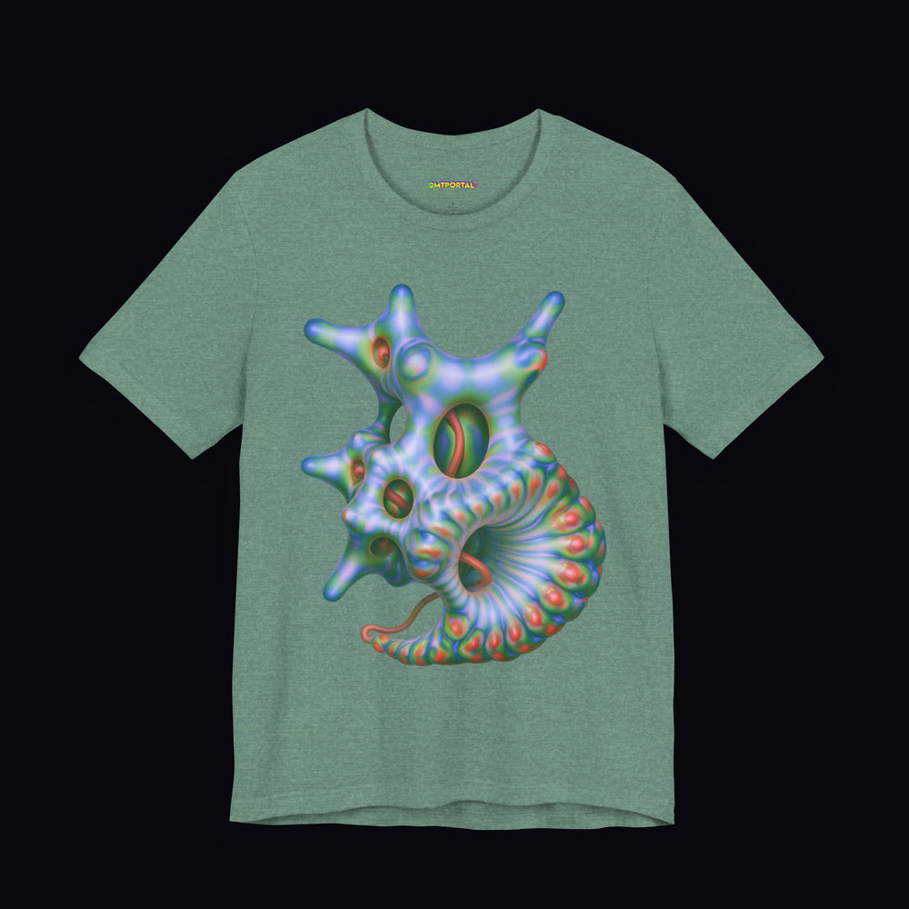 Pale blue-green coiling alien form with warm oval details on a Heather Dusty Blue DMTPORTAL T-shirt