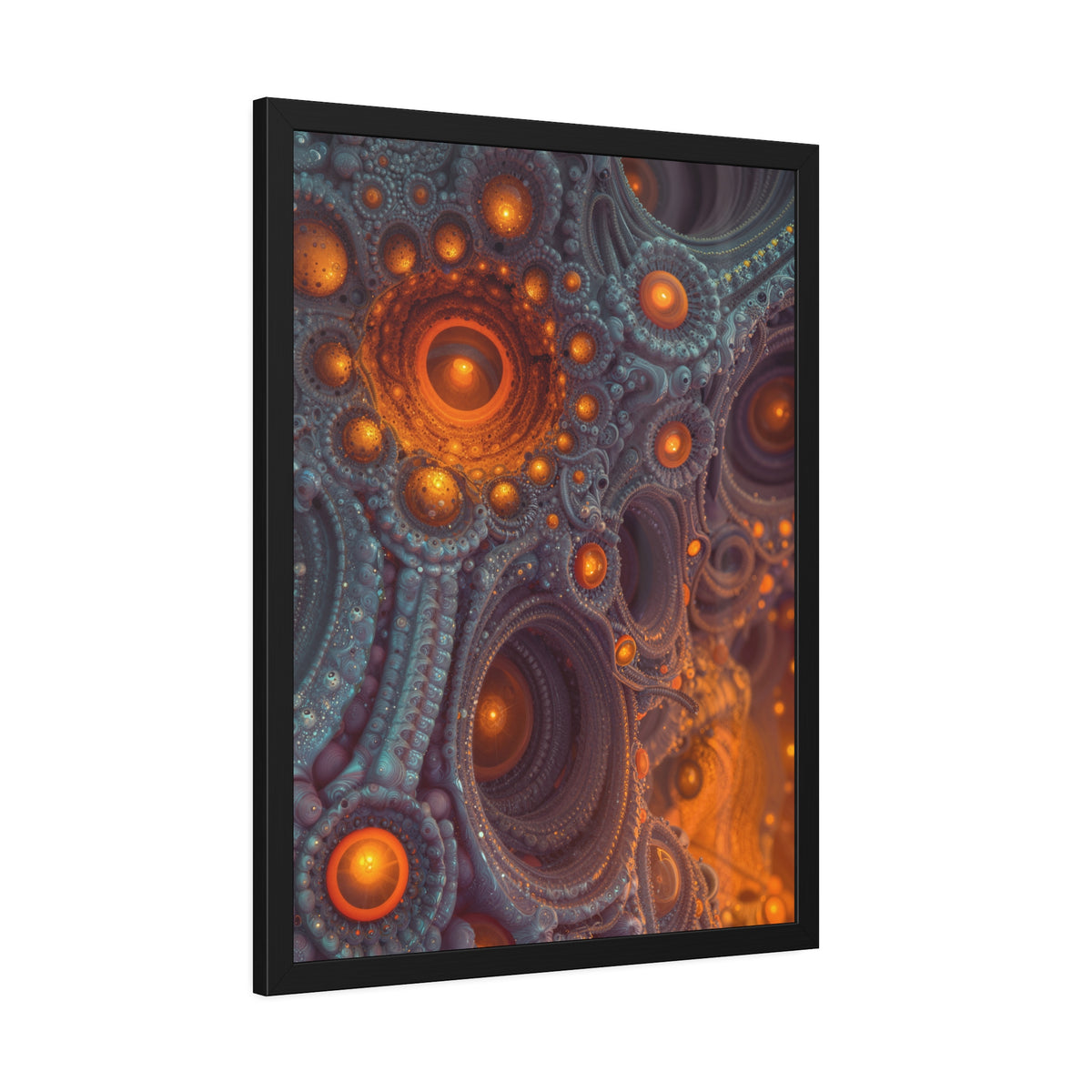 The Architecture of Inner Light — Framed Fine Art Print, 24 × 32 in — glowing amber chambers in intricate blue-gray and violet structures