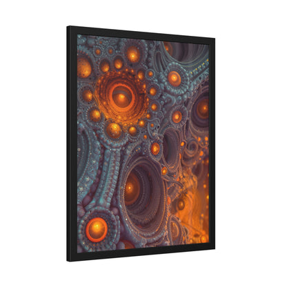 The Architecture of Inner Light — Framed Fine Art Print, 24 × 32 in — glowing amber chambers in intricate blue-gray and violet structures