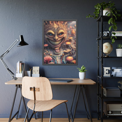 The Invitation Beneath the Grin — Framed Fine Art Print, 24 × 32 in — ornate grinning face above winding mosaic paths and coral garden forms