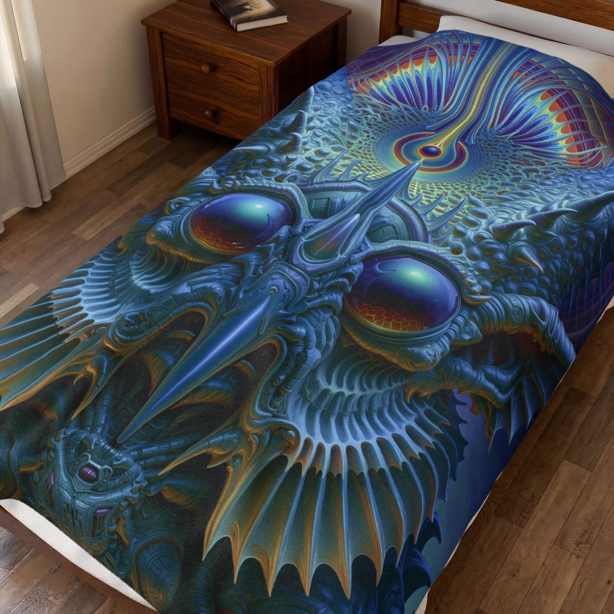 The Threshold That Refines — Velveteen Plush Blanket, 60 × 80 in — a symmetrical blue guardian with reflective eyes, pointed horns and intricate geometry