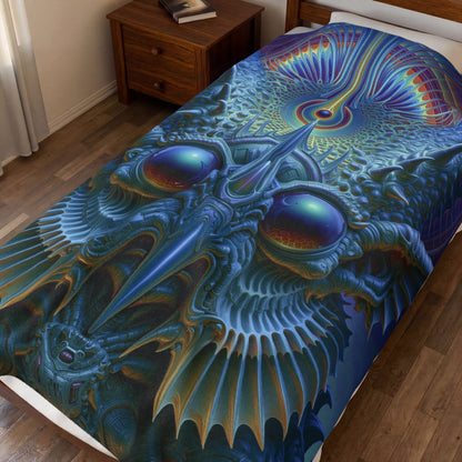 The Threshold That Refines — Velveteen Plush Blanket, 60 × 80 in — a symmetrical blue guardian with reflective eyes, pointed horns and intricate geometry