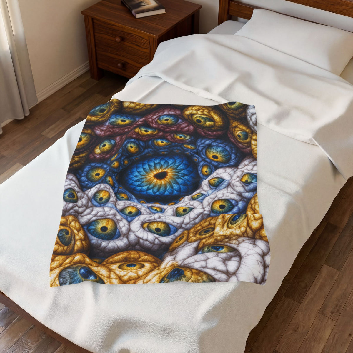 The Many Eyes of One Awareness — Velveteen Plush Blanket, 30 × 40 in — interwoven blue and gold eyes in ivory, ochre and mauve forms