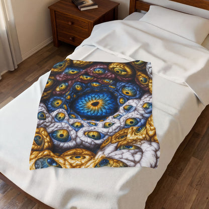 The Many Eyes of One Awareness — Velveteen Plush Blanket, 30 × 40 in — interwoven blue and gold eyes in ivory, ochre and mauve forms