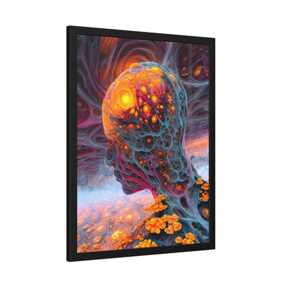 The Mind Becomes a Sun framed fine art print, 24 × 32 in with a glowing golden head amid flowing blue and violet forms