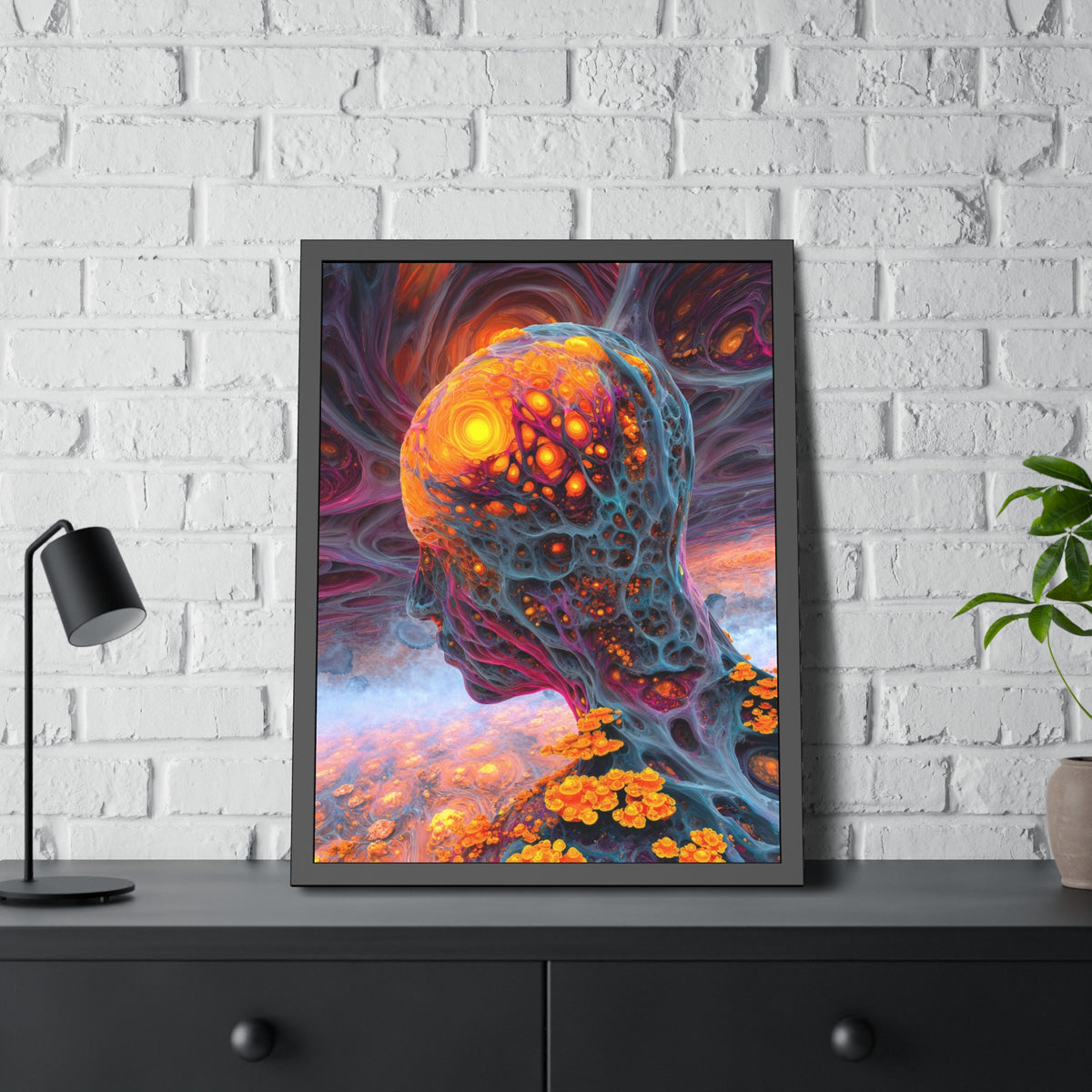 The Mind Becomes a Sun framed fine art print, 24 × 32 in with a glowing golden head amid flowing blue and violet forms