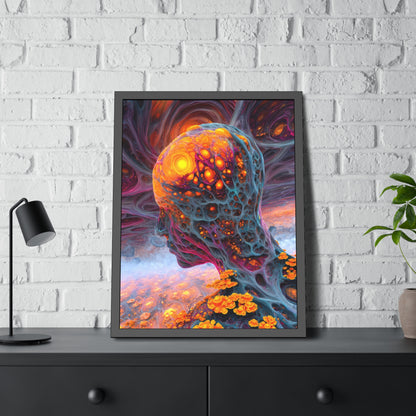 The Mind Becomes a Sun framed fine art print, 24 × 32 in with a glowing golden head amid flowing blue and violet forms