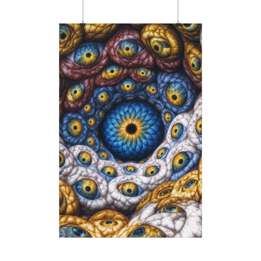 The Many Eyes of One Awareness — Satin Art Poster, 24 × 36 in — interwoven blue and gold eyes in ivory, ochre and mauve forms